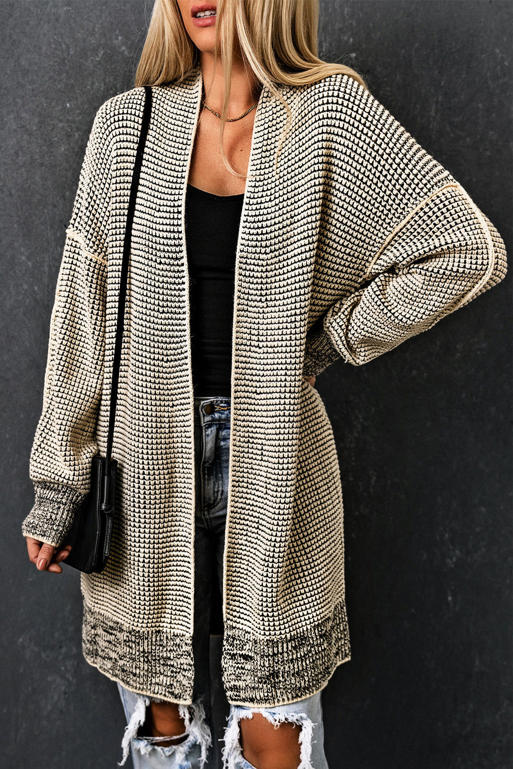 Plaid Knitted Long Open Front Cardigan