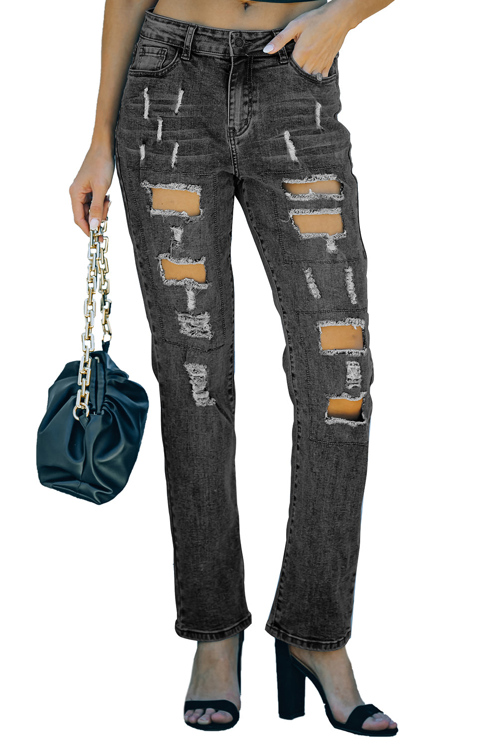 Buttoned Pockets Distressed Jeans