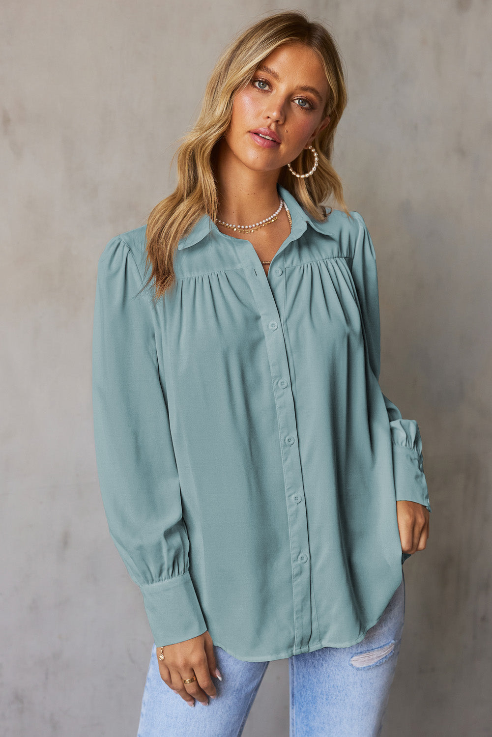 Sky Blue Solid Color Button Up Puff Sleeve Blouse