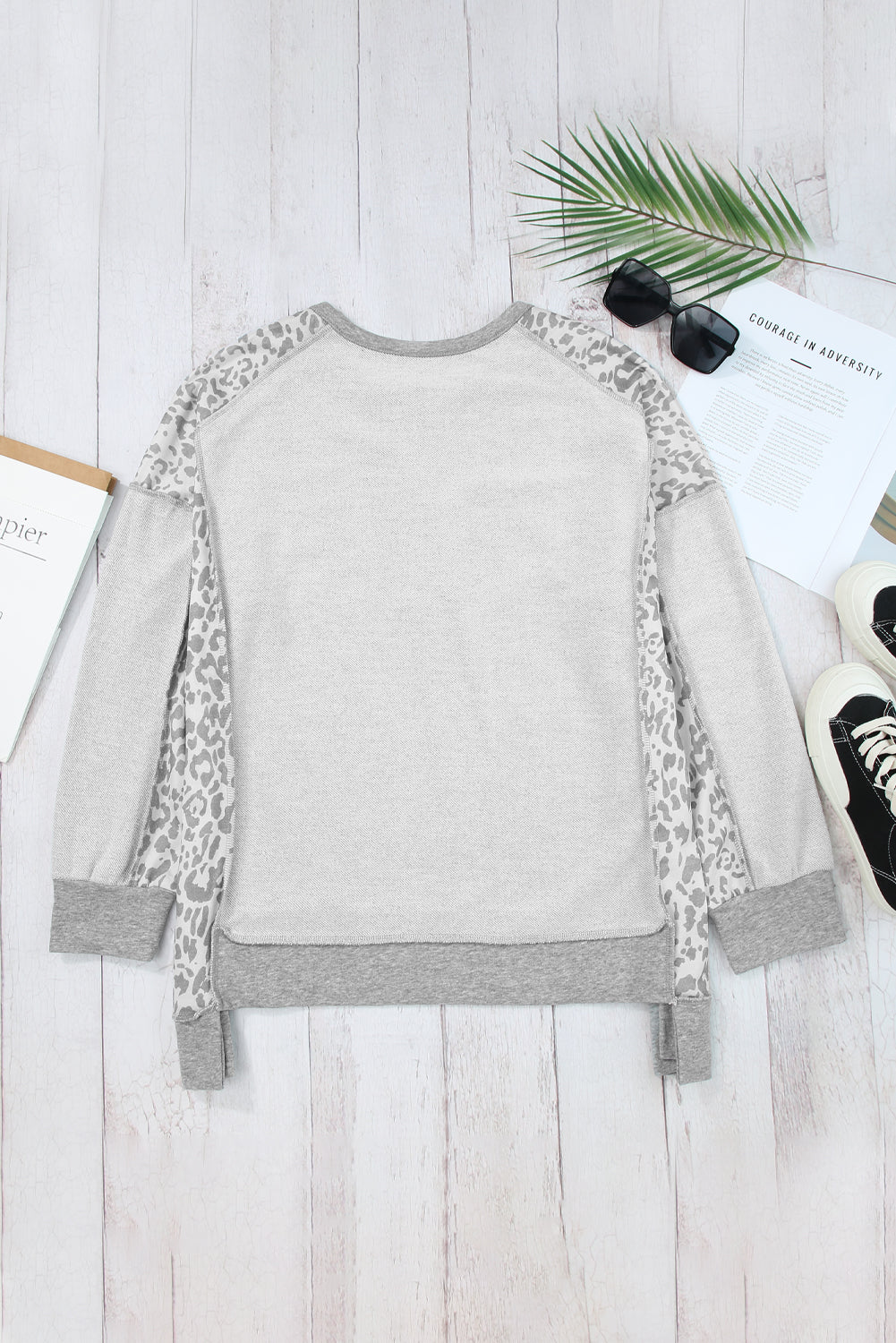 Gray Leopard Patchwork Exposed Seam Buttoned Neck Sweatshirt