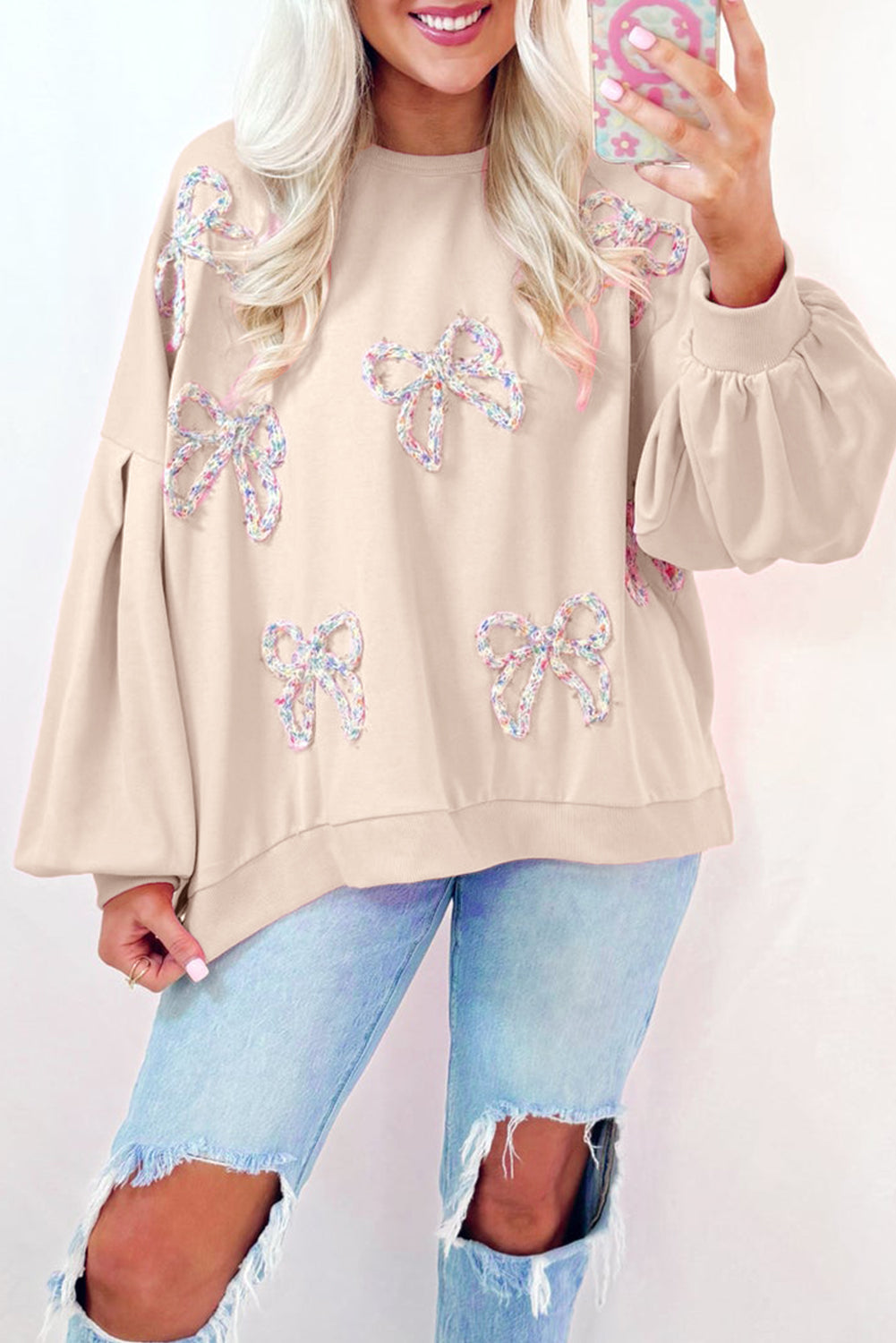 Bow Decor Loose Sleeve Sweatshirt