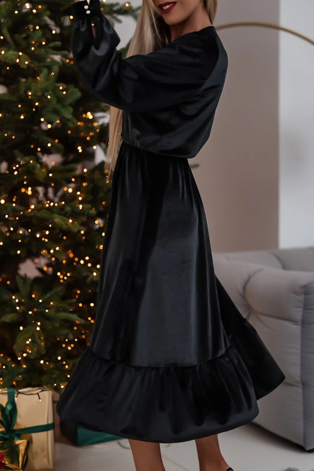 Black Velvet Buttoned Puff Sleeve V Neck Split Midi Dress