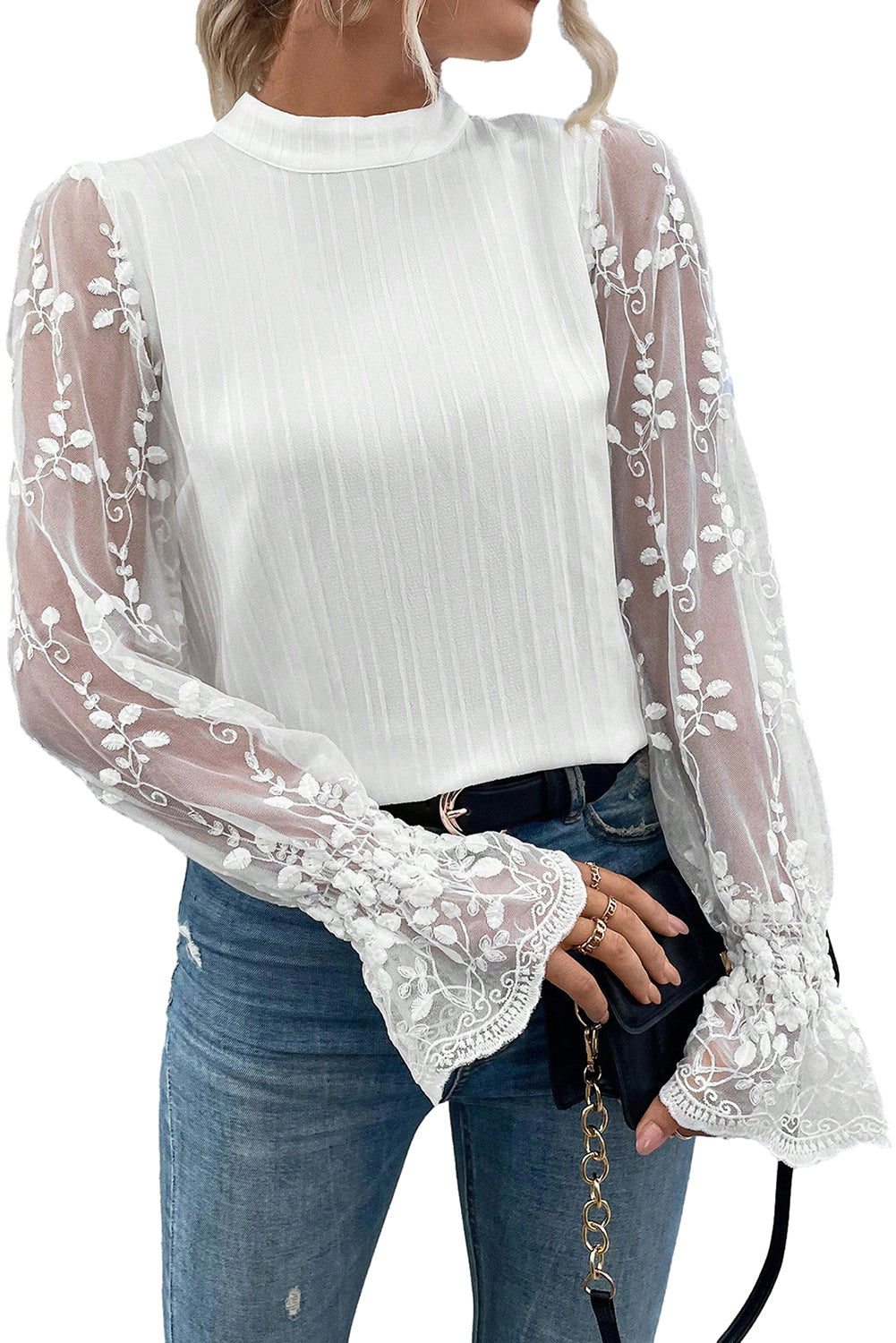 White Contrast Lace Sleeve Mock Neck Textured Blouse