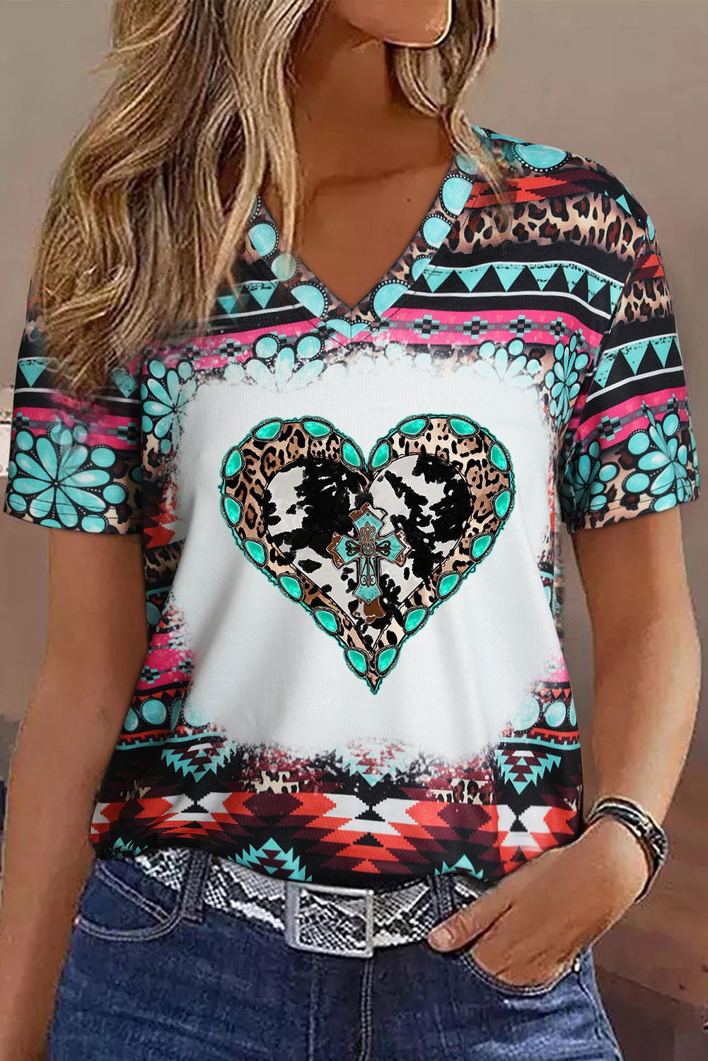 Western Print V Neck Tee