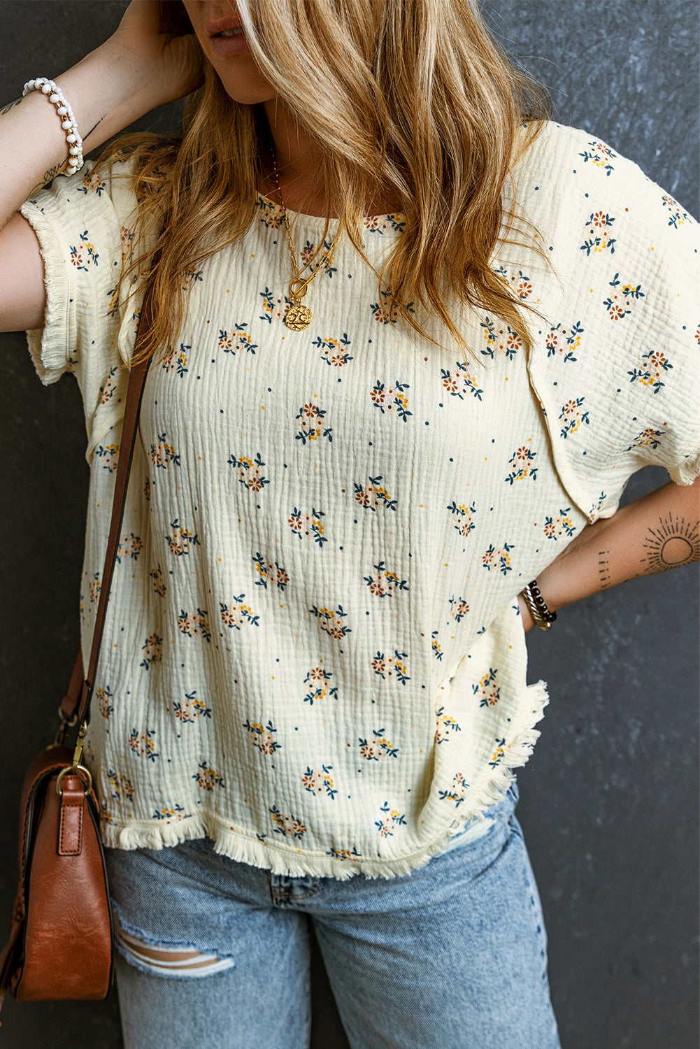 Beige Floral Detail Fringe Trimming Textured Top