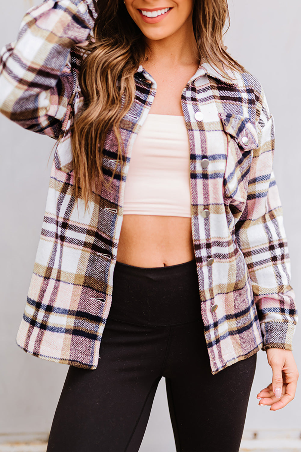 Orange Geometric Plaid Print Pocketed Shacket