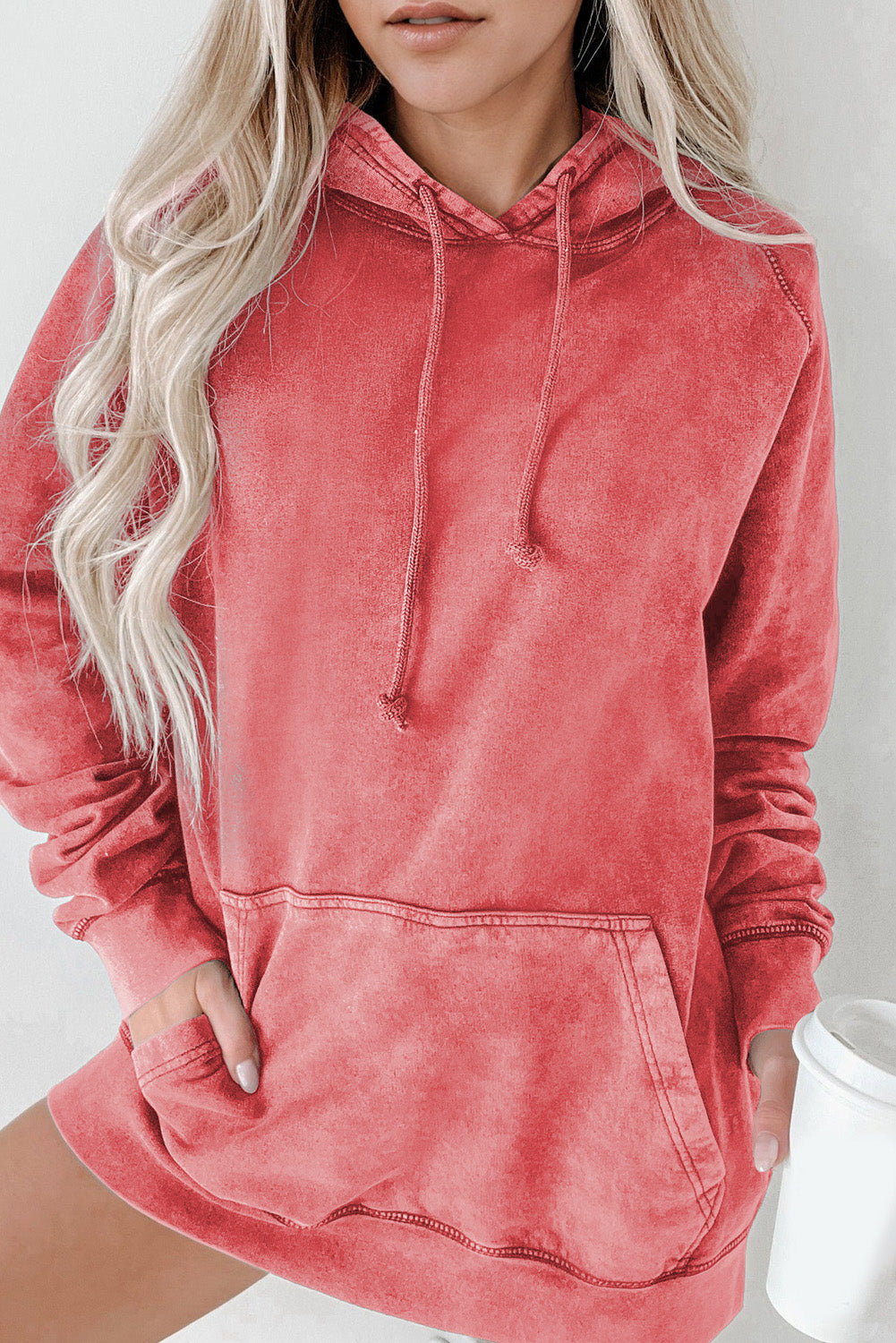 Gray Mineral Wash Kangaroo Pocket Drawstring Pullover Hoodie