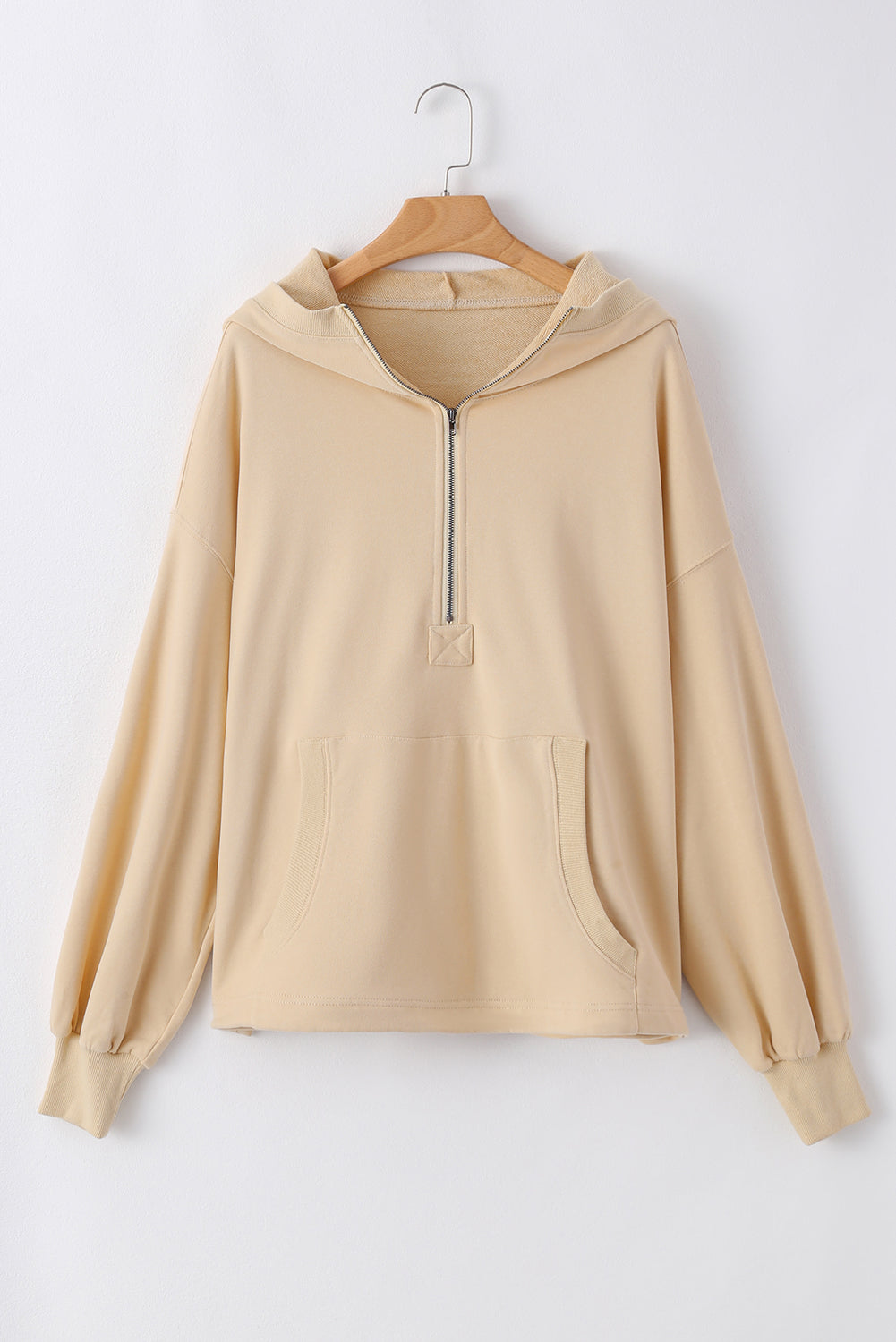 Smoke Green Solid Kangaroo Pocket Half Zipper Oversized Hoodie