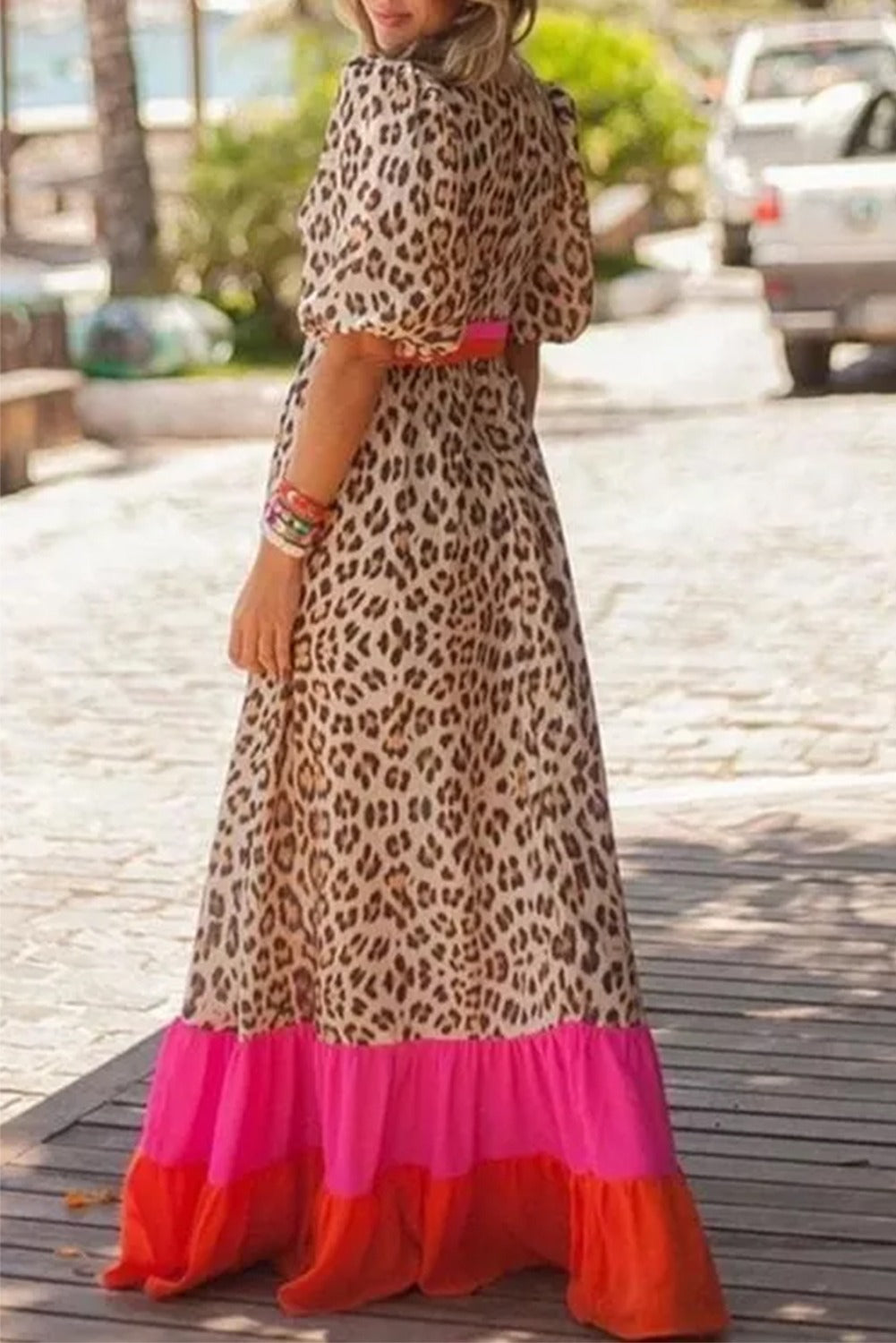 PRE ORDER 7/11/24 - Leopard Colorblock Bubble Sleeve Maxi Dress