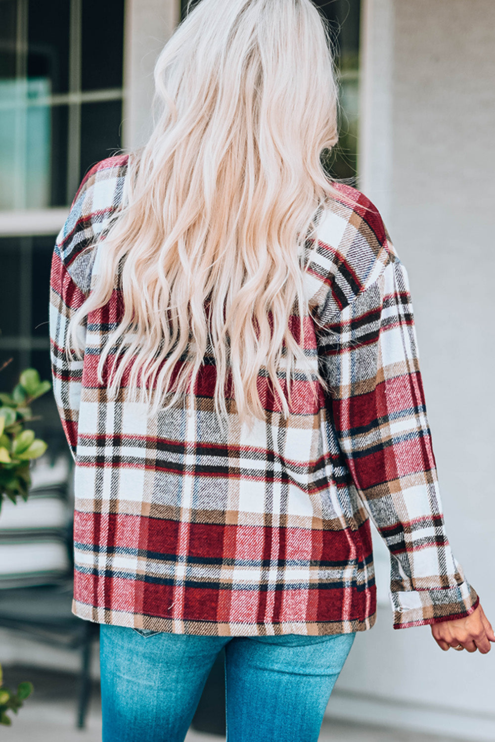 Orange Geometric Plaid Print Pocketed Shacket