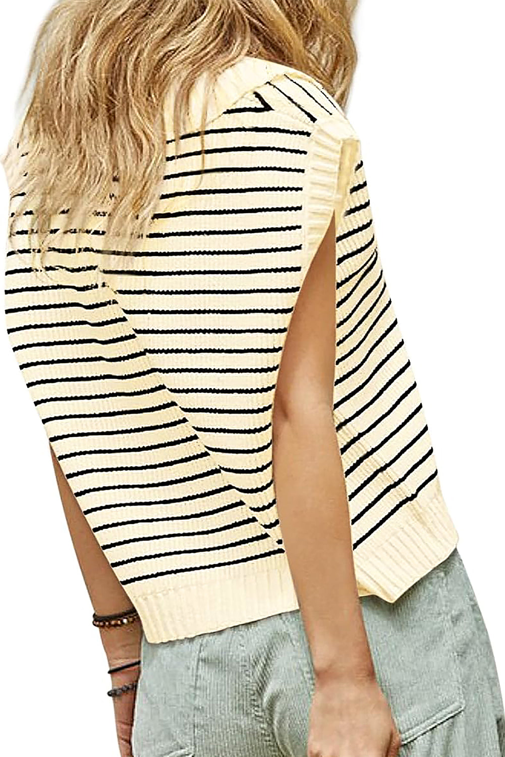 Black Stripe Turn-down V Neck Sweater Tank Top