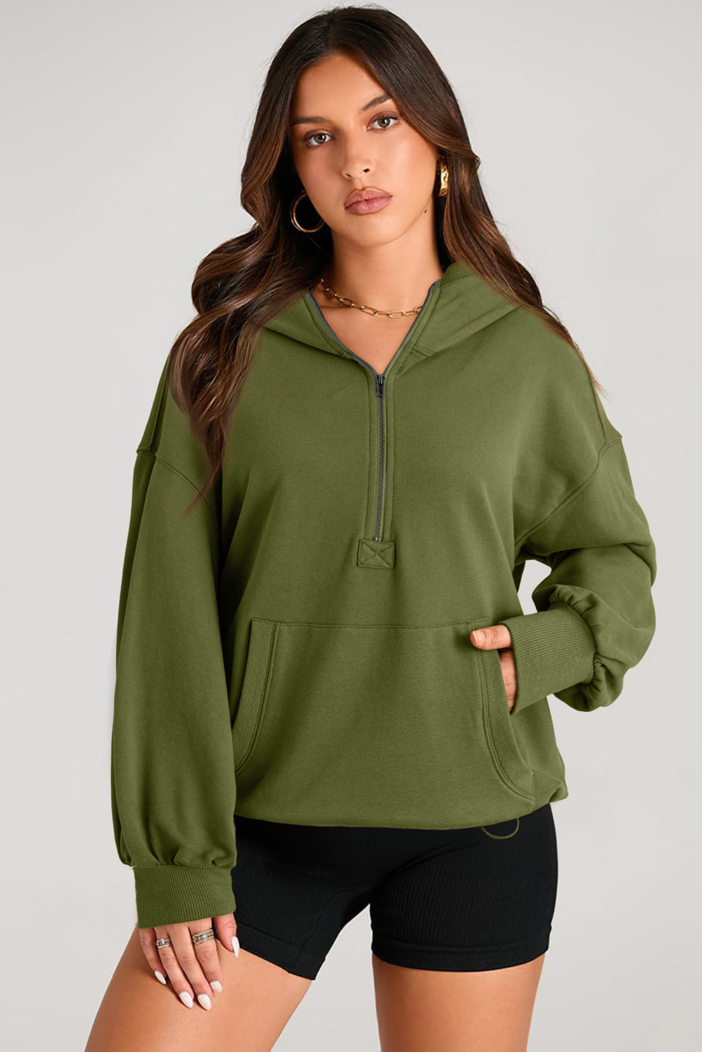 Smoke Green Solid Kangaroo Pocket Half Zipper Oversized Hoodie