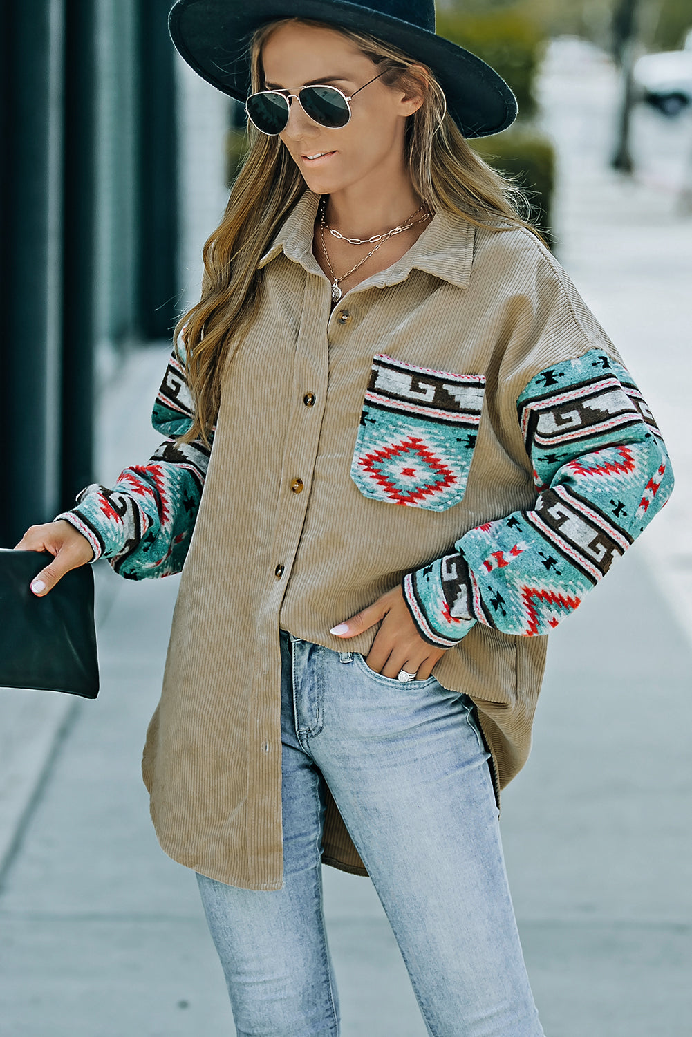 Khaki Aztec Pattern Sleeve Pocketed Corduroy Shacket