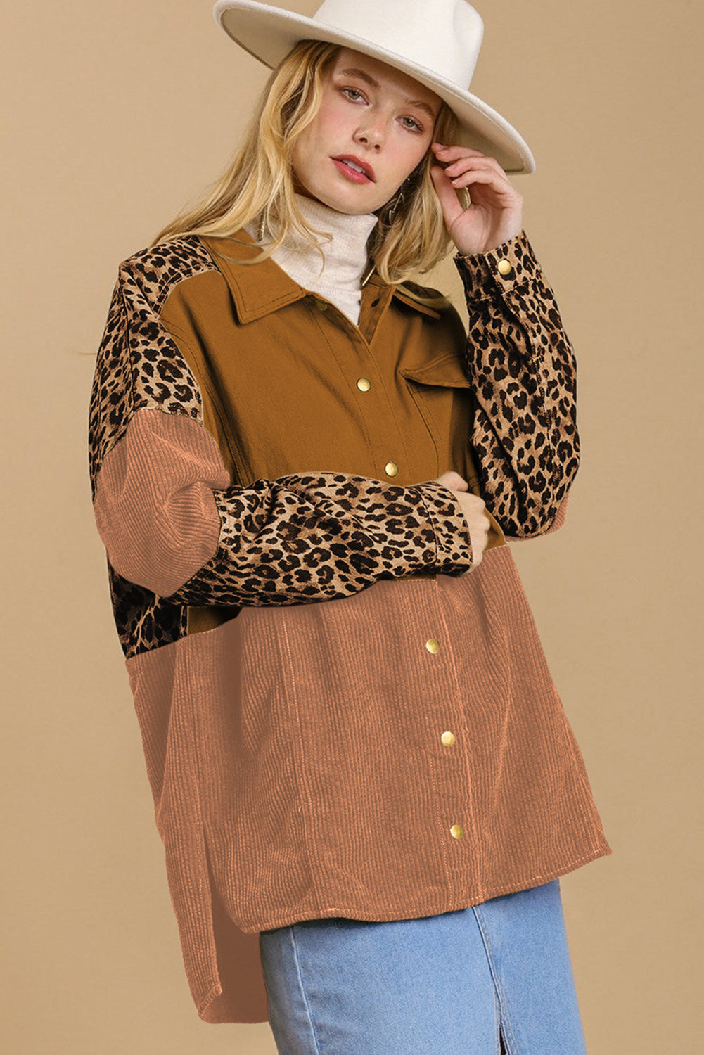 Beige Leopard Patchwork High Low Shirt Jacket