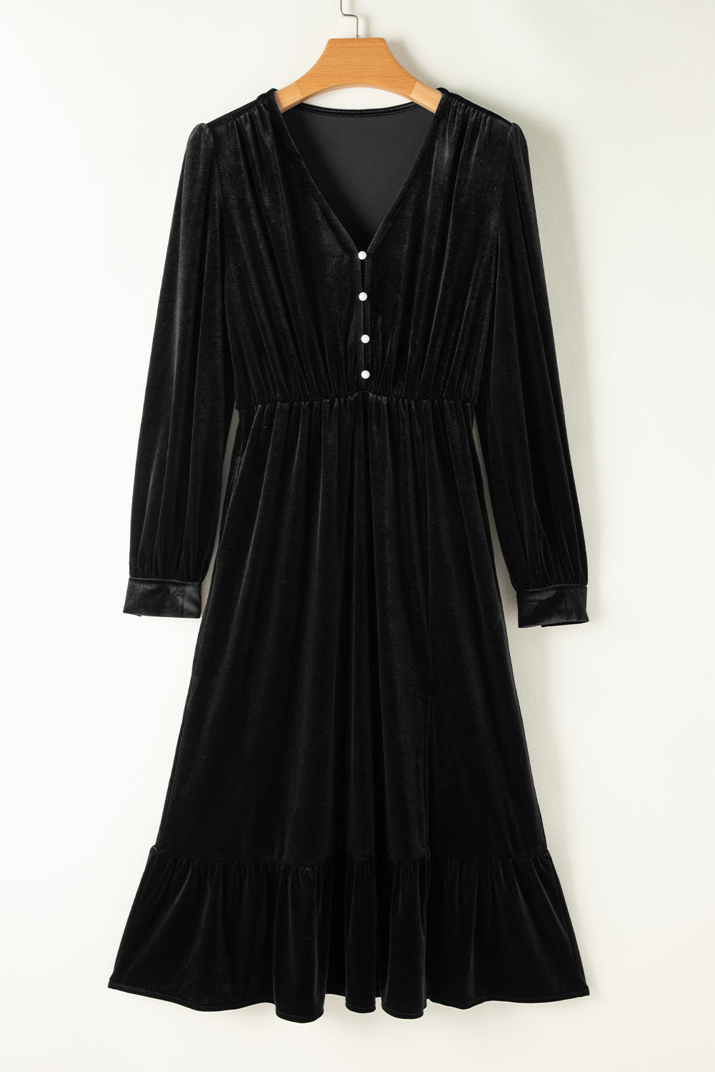 Black Velvet Buttoned Puff Sleeve V Neck Split Midi Dress