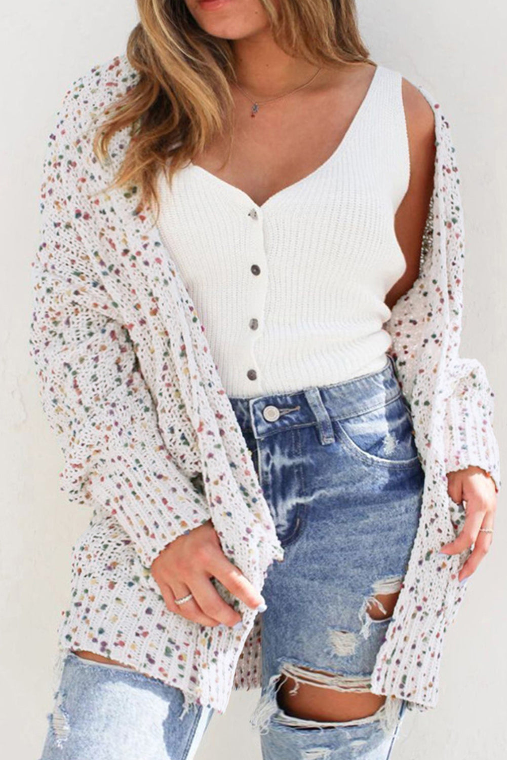 White Multicolor Dotted Rib Knit Long Sleeve Cardigan