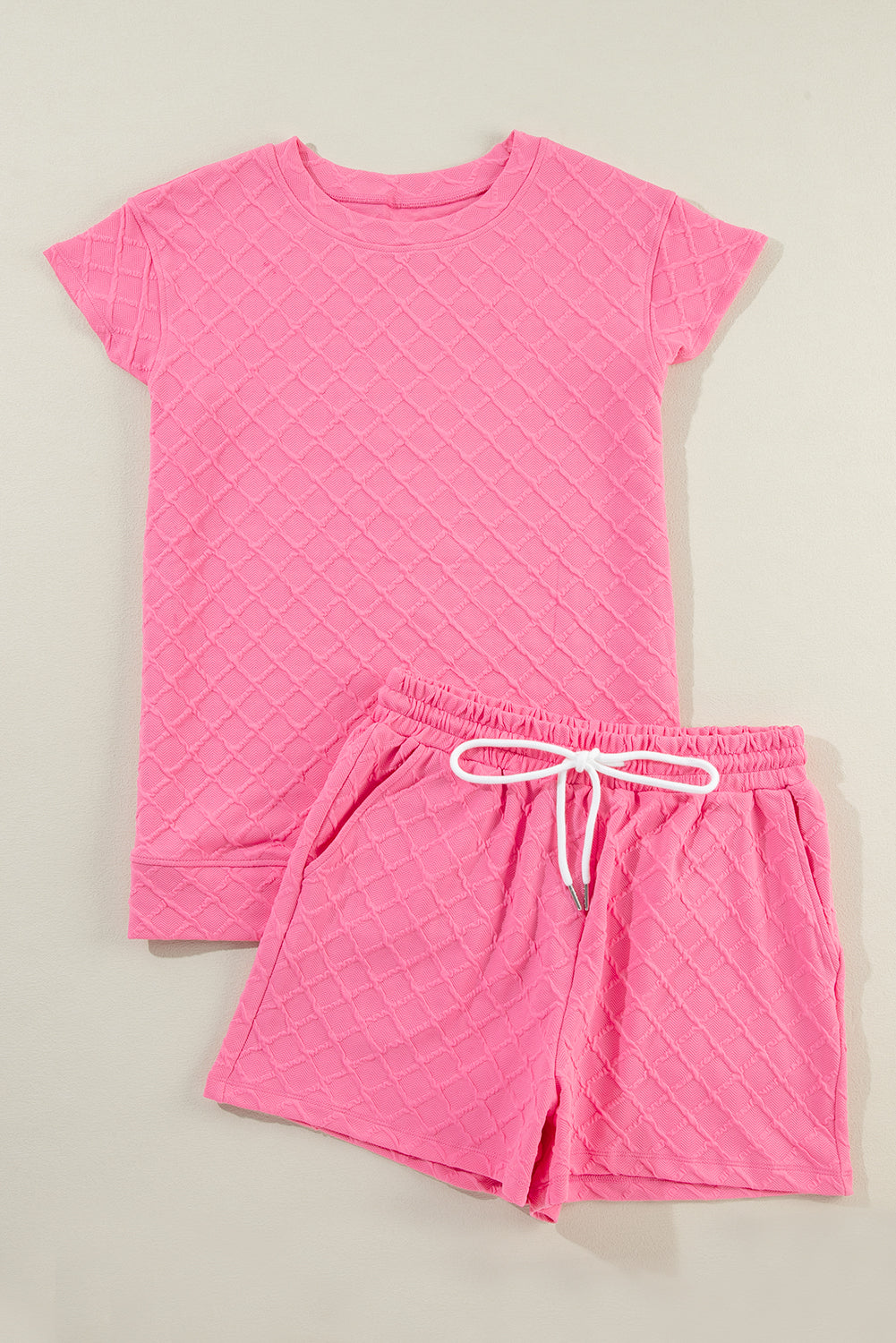 Casual Checkered Textured Tee and Drawstring Shorts