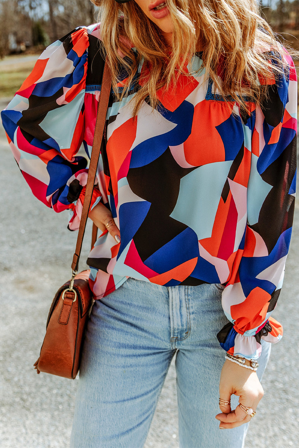 Multicolor Abstract Pattern Crewneck Ruffled Puff Sleeve Blouse