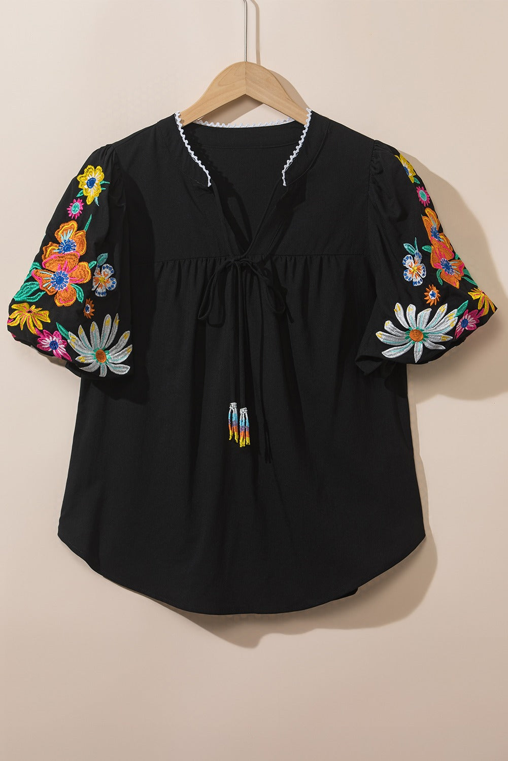 Embroidered Floral Puff Sleeve Split Neck Blouse