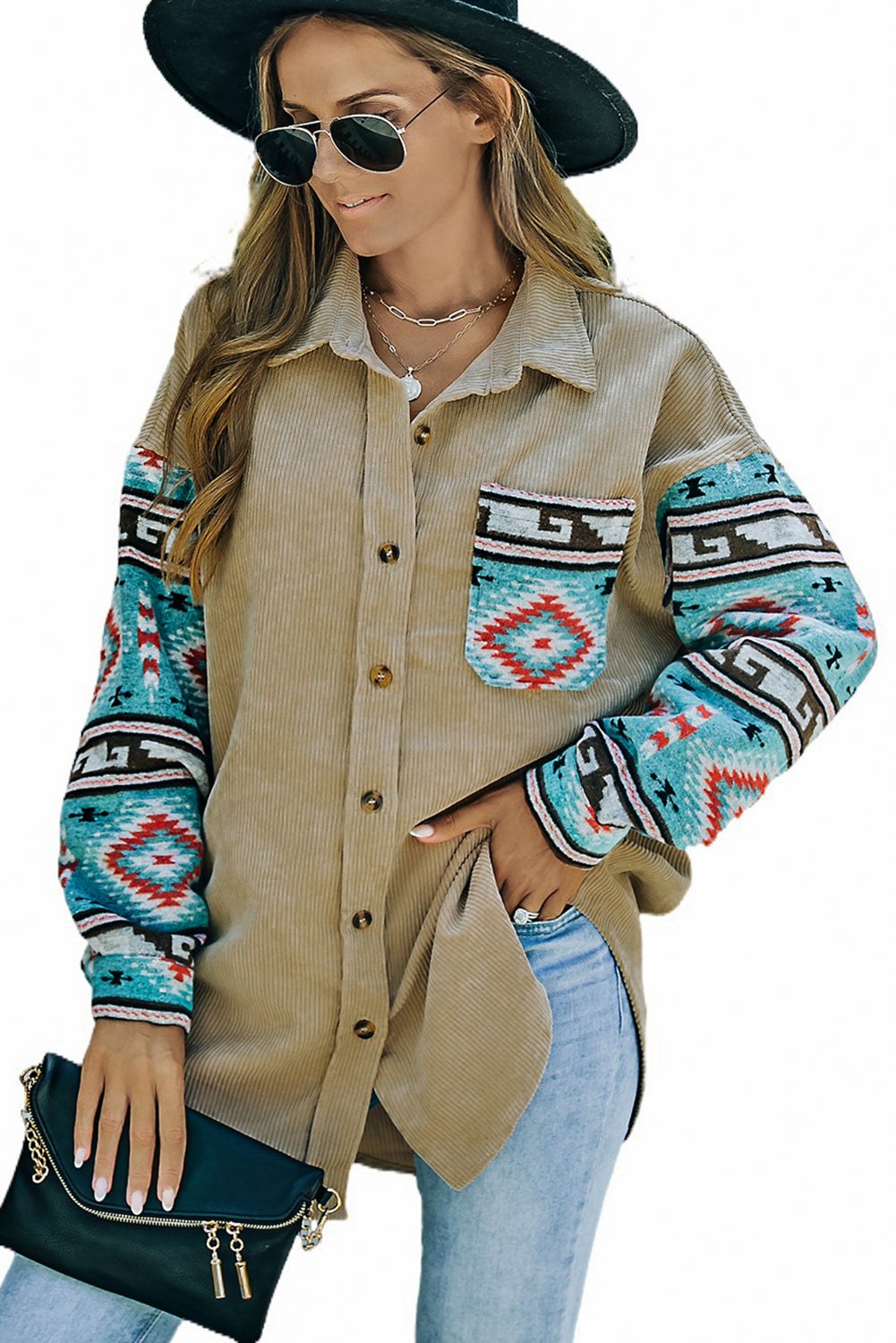 Khaki Aztec Pattern Sleeve Pocketed Corduroy Shacket