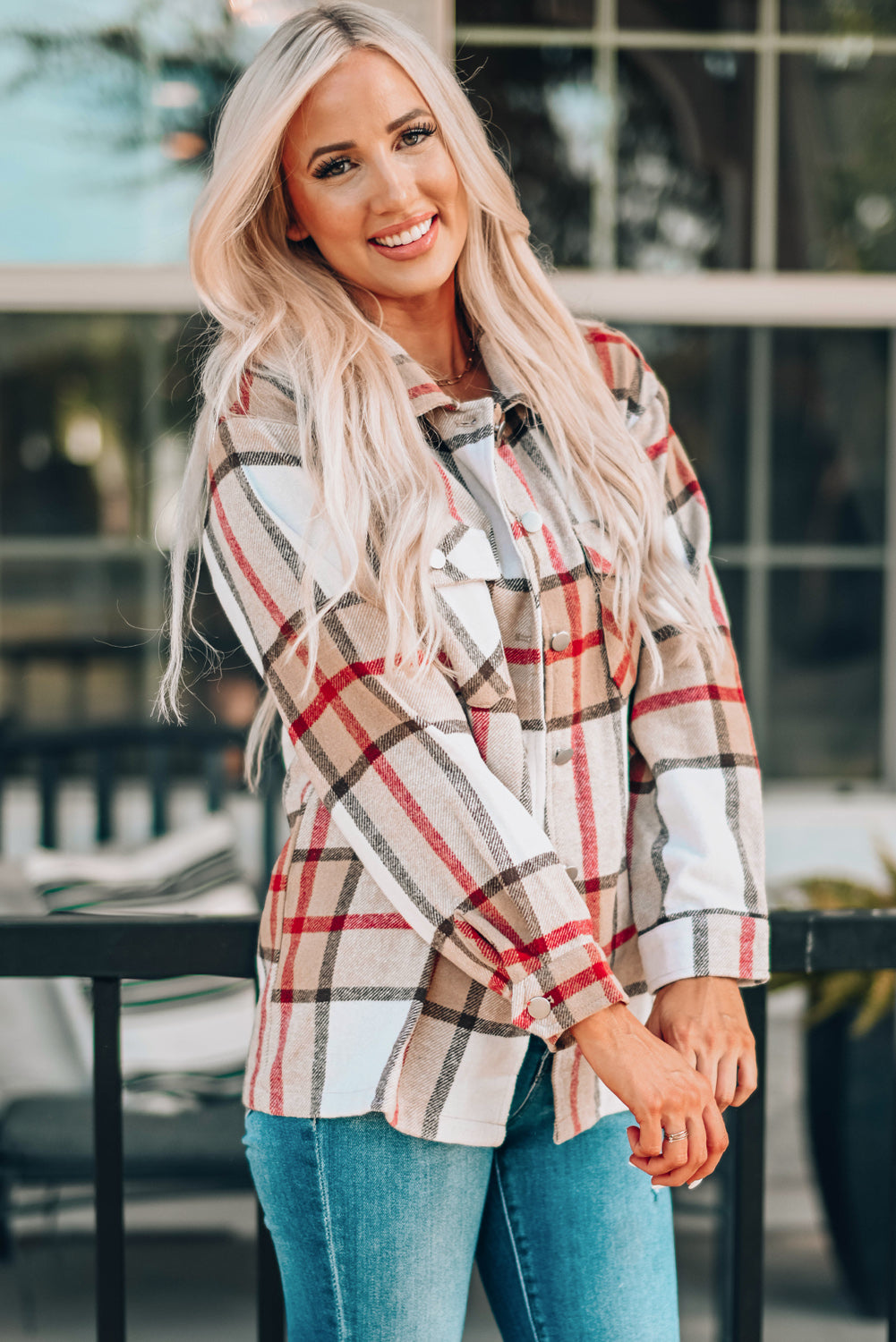 Khaki Plaid Print Buttoned Shirt Coat with Pocket