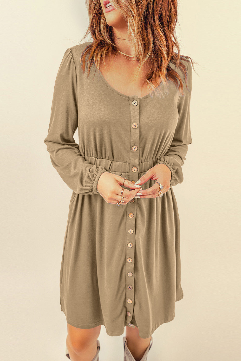 Yellow Button Up High Waist Long Sleeve Dress