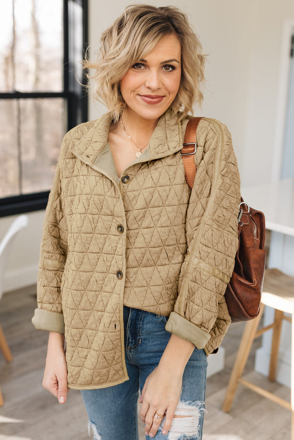 Khaki Quilted Button Front Funnel Neck Jacket