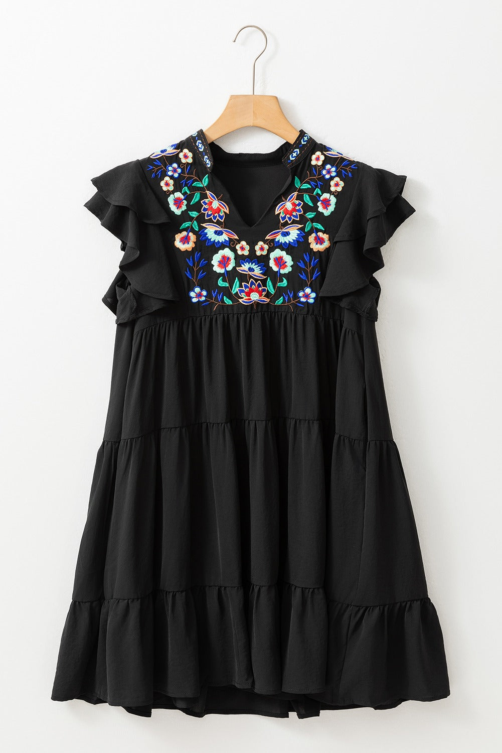 Embroidered Floral Tiered Ruffled Mini Dress