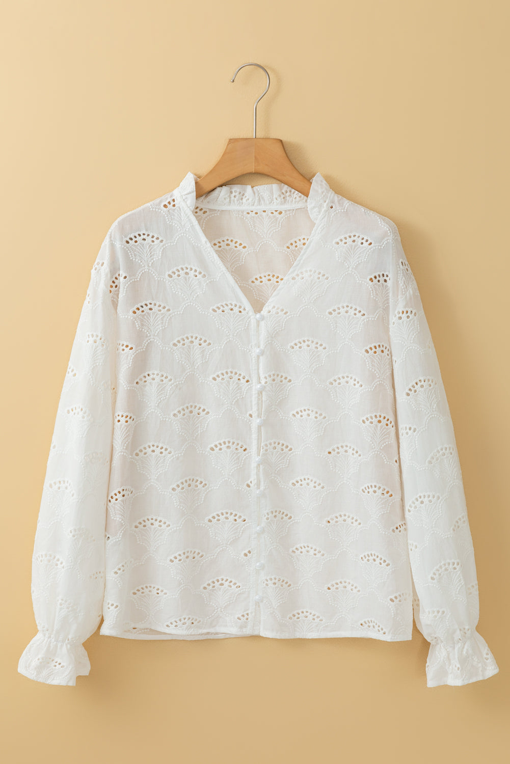 White Fanshaped Lace Hollow out Split Neck Puff Sleeve Blouse