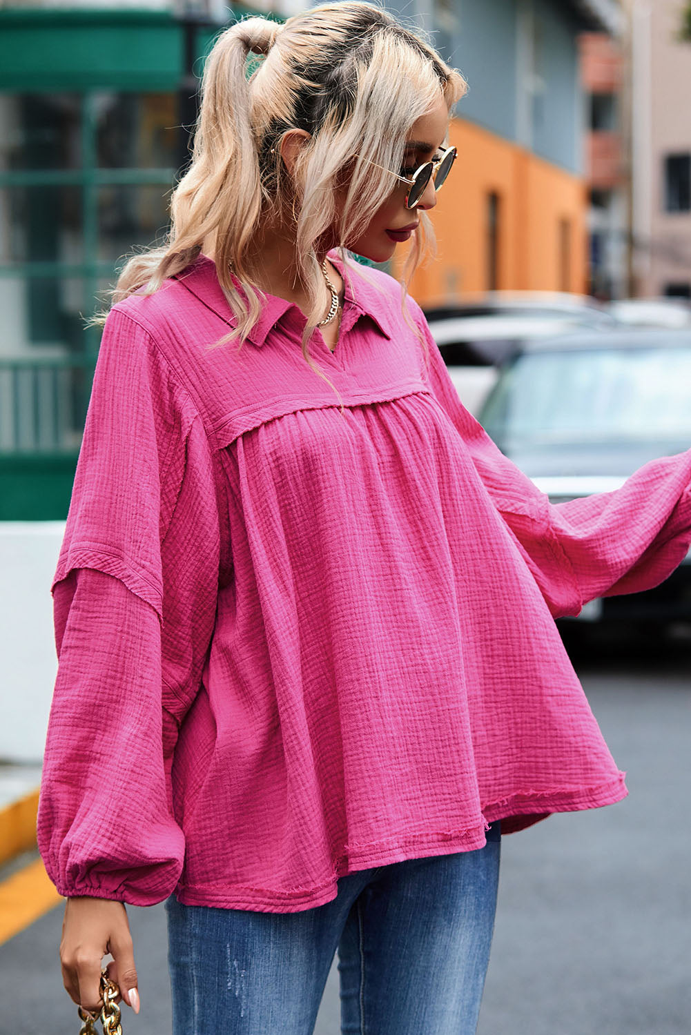 Rose Crinkle Collared V-Neck Bubble Sleeve Flowy Blouse