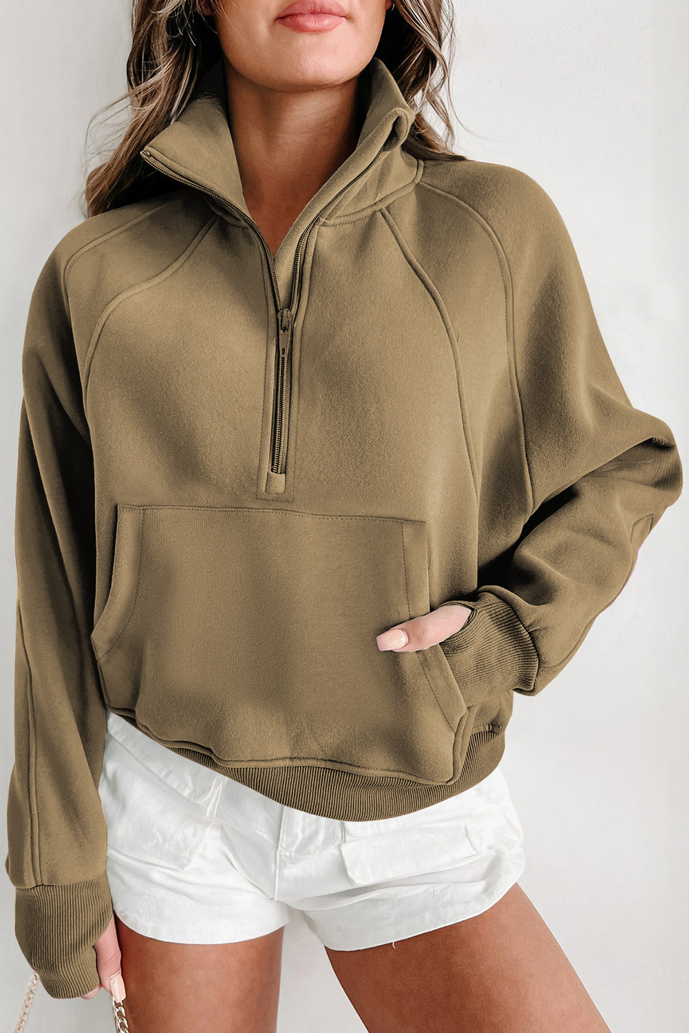 Bonbon Fleece Lined Zip Up Stand Collar Thumbhole Sleeve Sweatshirt