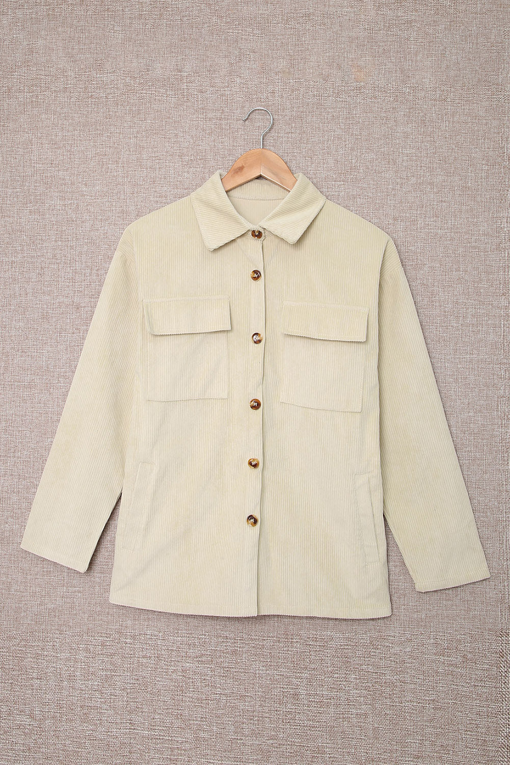 Beige Pocketed Button Ribbed Textured Shacket