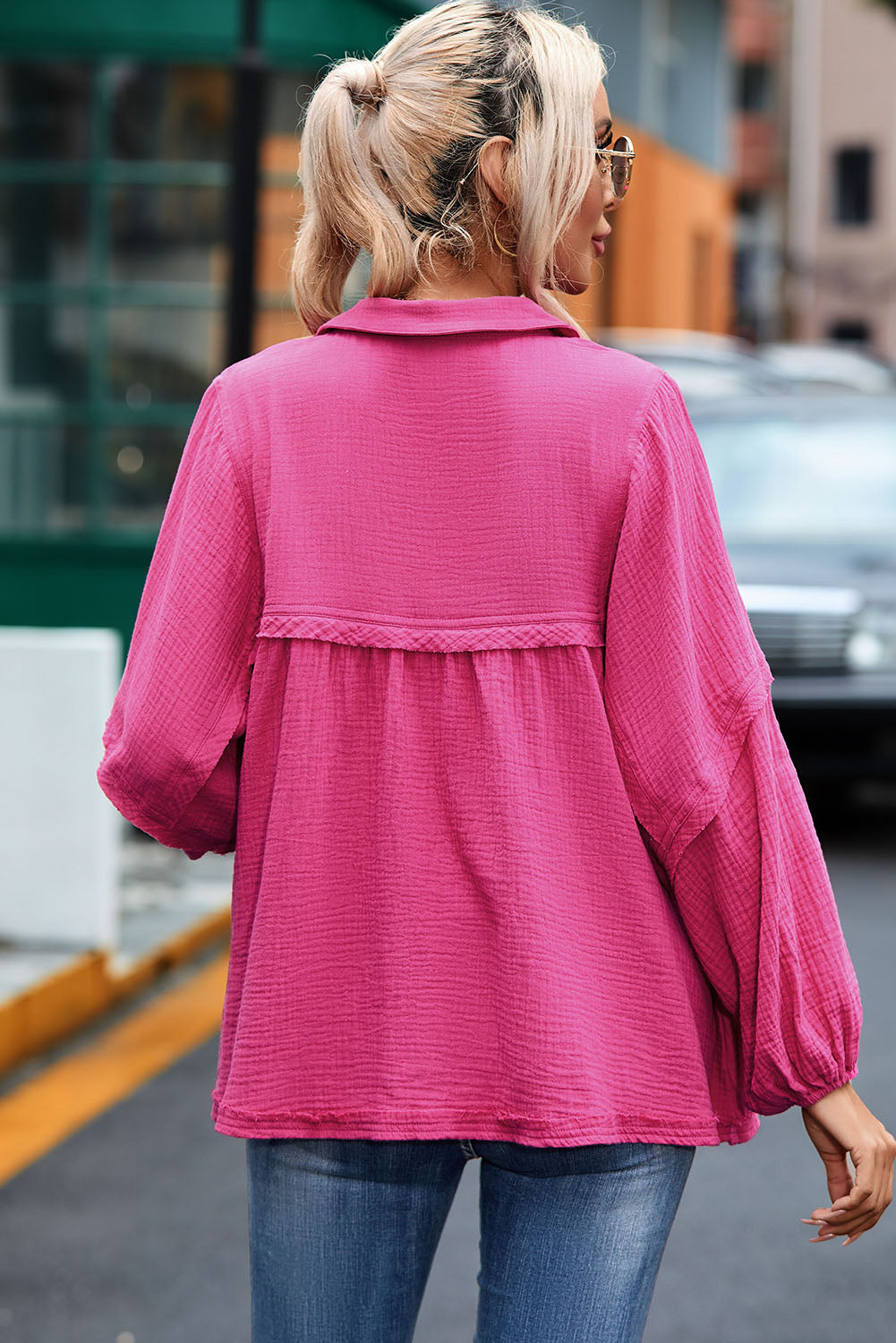 Rose Crinkle Collared V-Neck Bubble Sleeve Flowy Blouse