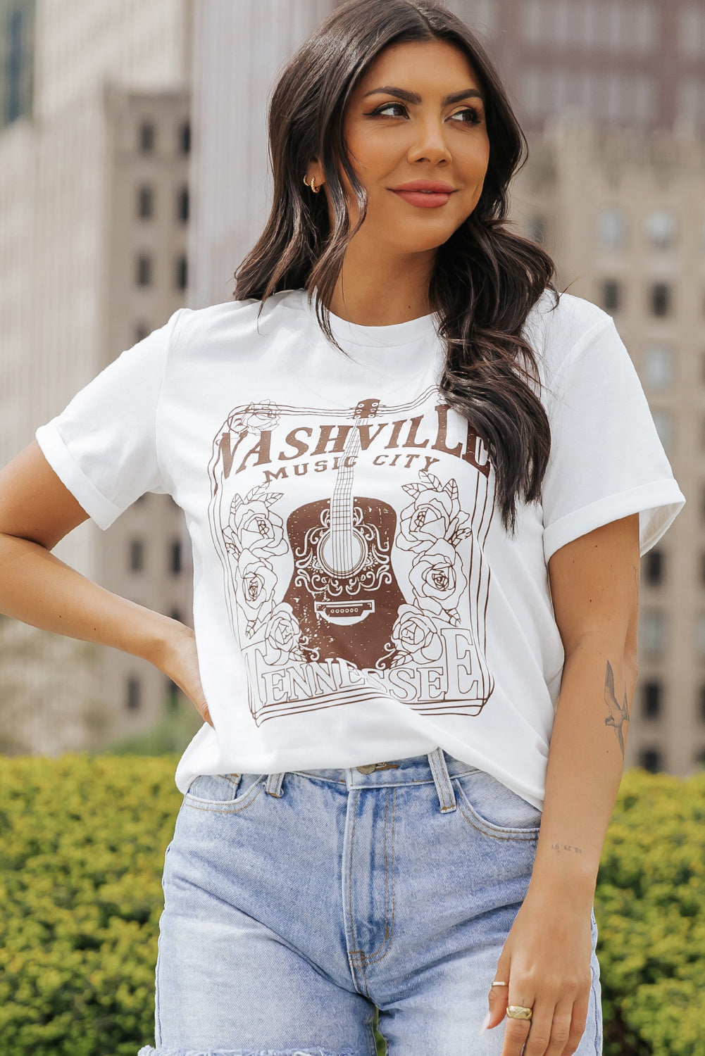 White NASHVILLE MUSIC CITY Graphic Crew Neck Tee