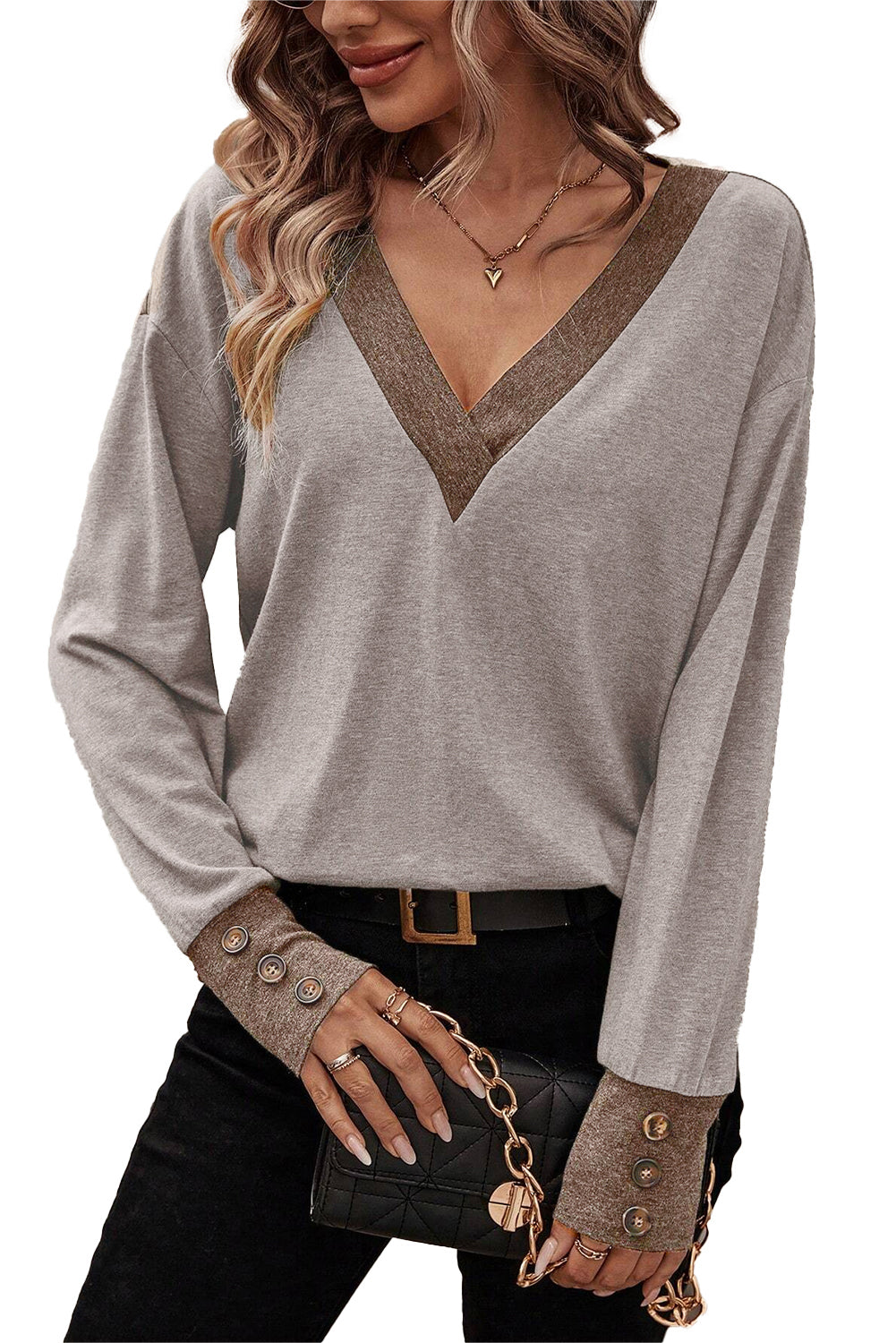 Khaki Contrast V Neck Button Cuffed Long Sleeve Top