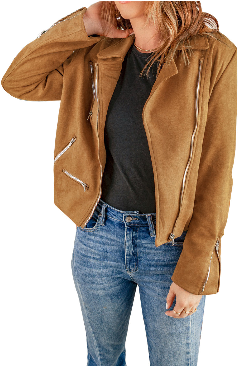 Brown Zipped Notch Collar Short Jacket