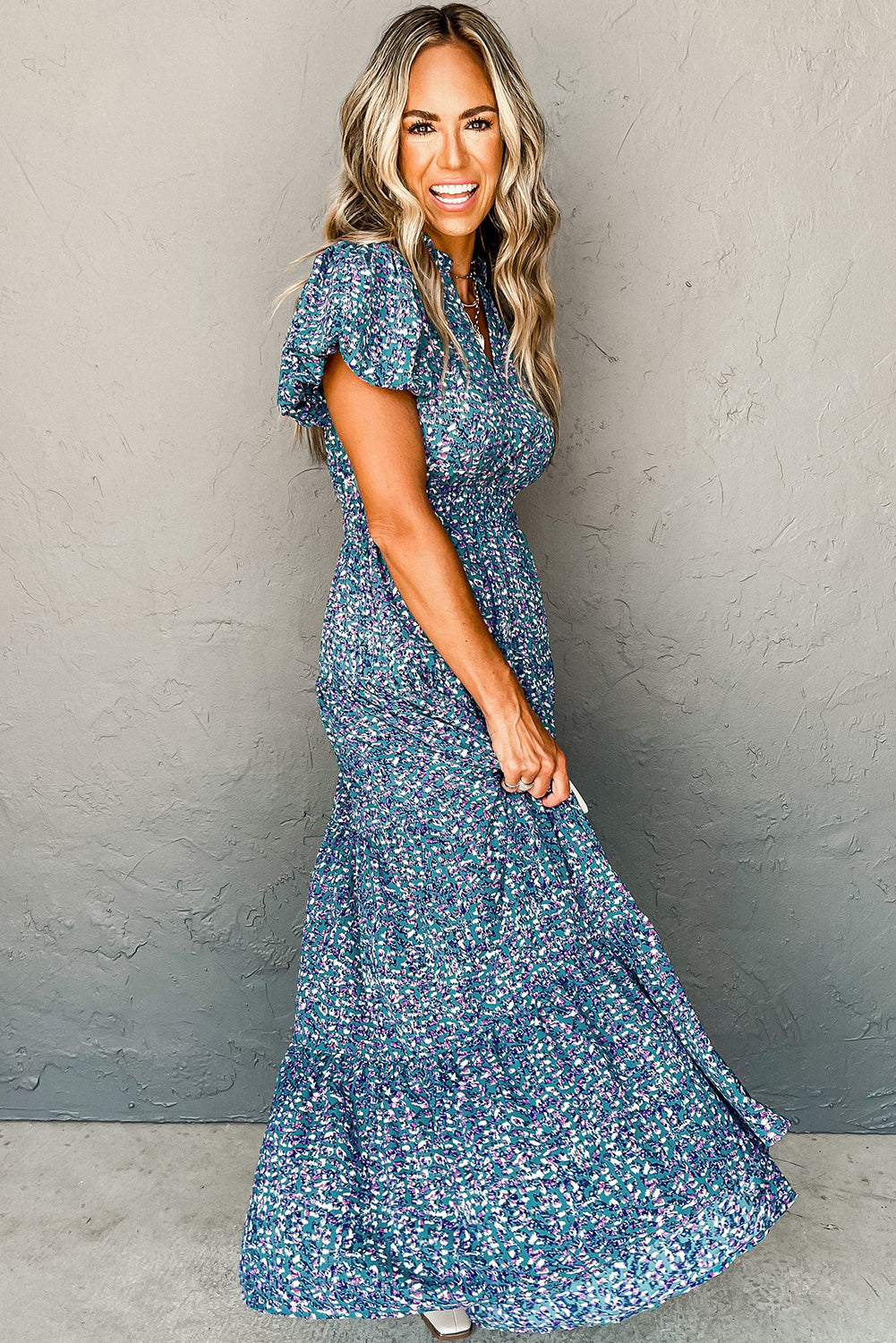 Blue Printed V Neck Shirred Short Puff Sleeve Maxi Dress