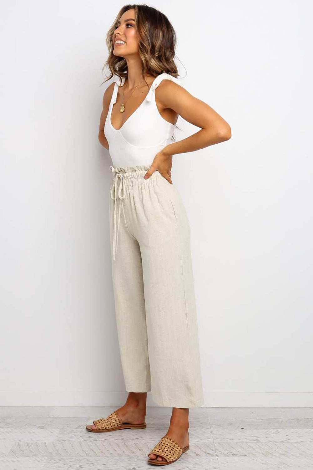 Khaki Paperbag Waist Straight Leg Cropped Pants