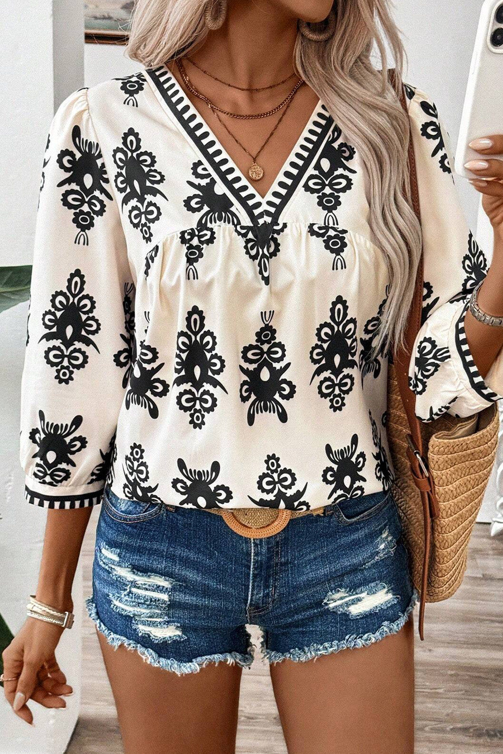 Vintage Geometric 3/4 Sleeve Blouse