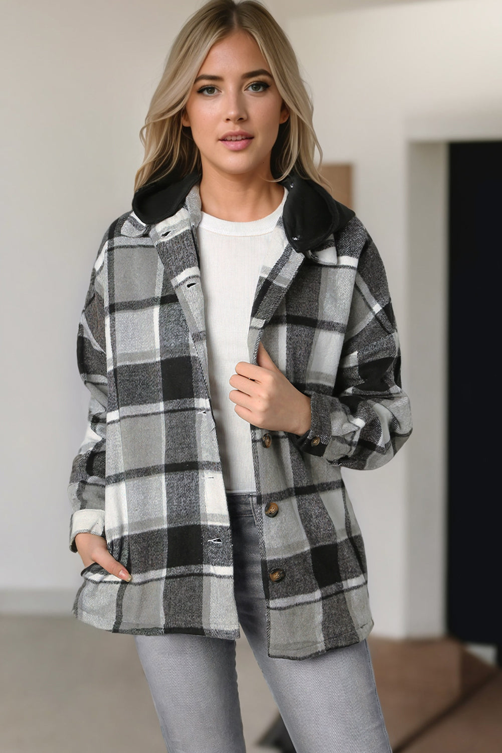 Green Hooded Plaid Button Front Shacket