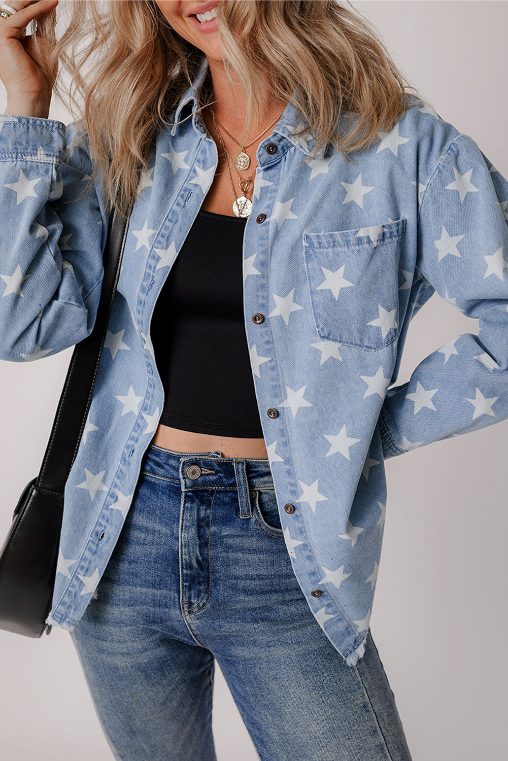 Sky Blue Star Print Light Wash Raw Hem Denim Jacket