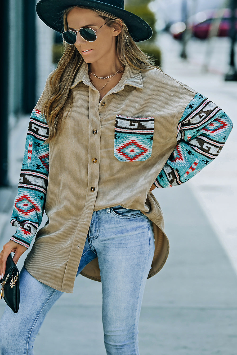 Khaki Aztec Pattern Sleeve Pocketed Corduroy Shacket