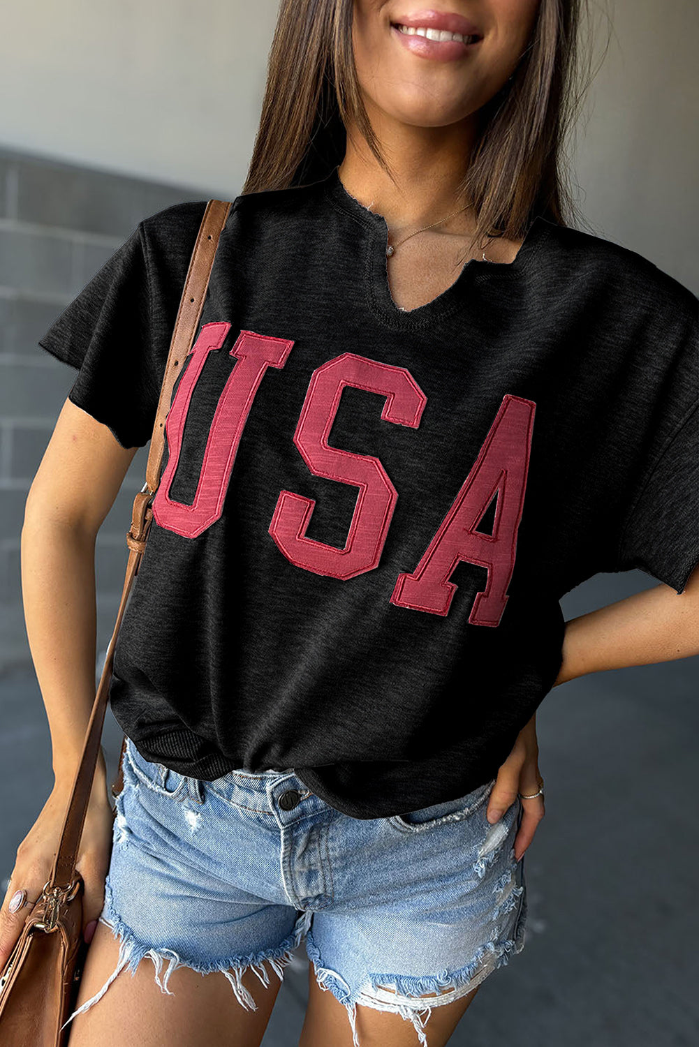 USA Patch Notched Neck Loose Tee