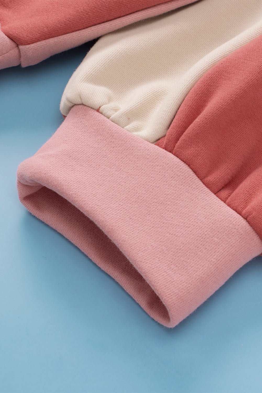 Pink Drawstring Pullover Pocketed Colorblock Sweatshirt