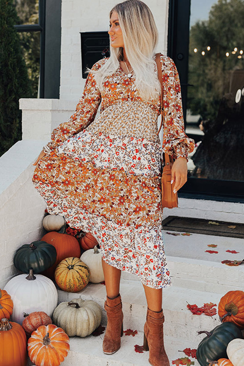 Retro Floral Ruffled Tiered Dress