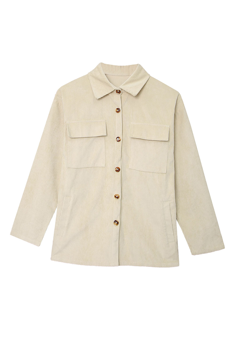 Beige Pocketed Button Ribbed Textured Shacket