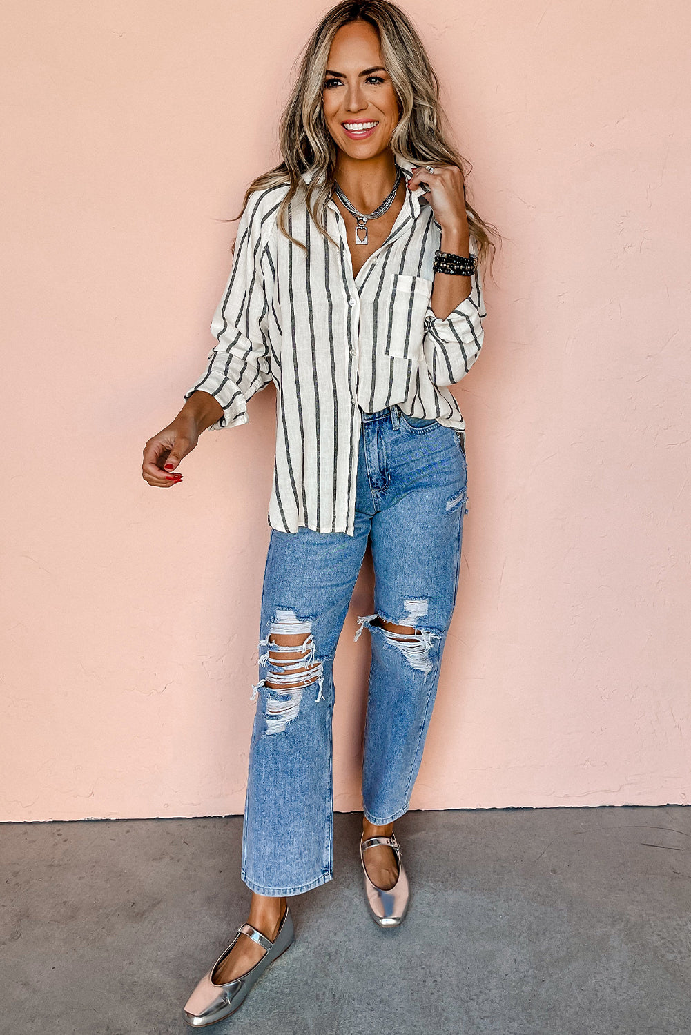 Black Stripe Chest Pocket Buttoned Oversized Shirt