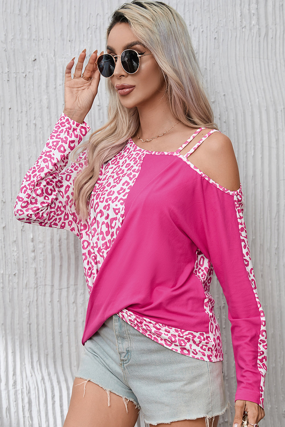 Rose Contrast Leopard Asymmetric Cold Shoulder Crossed Hem Top