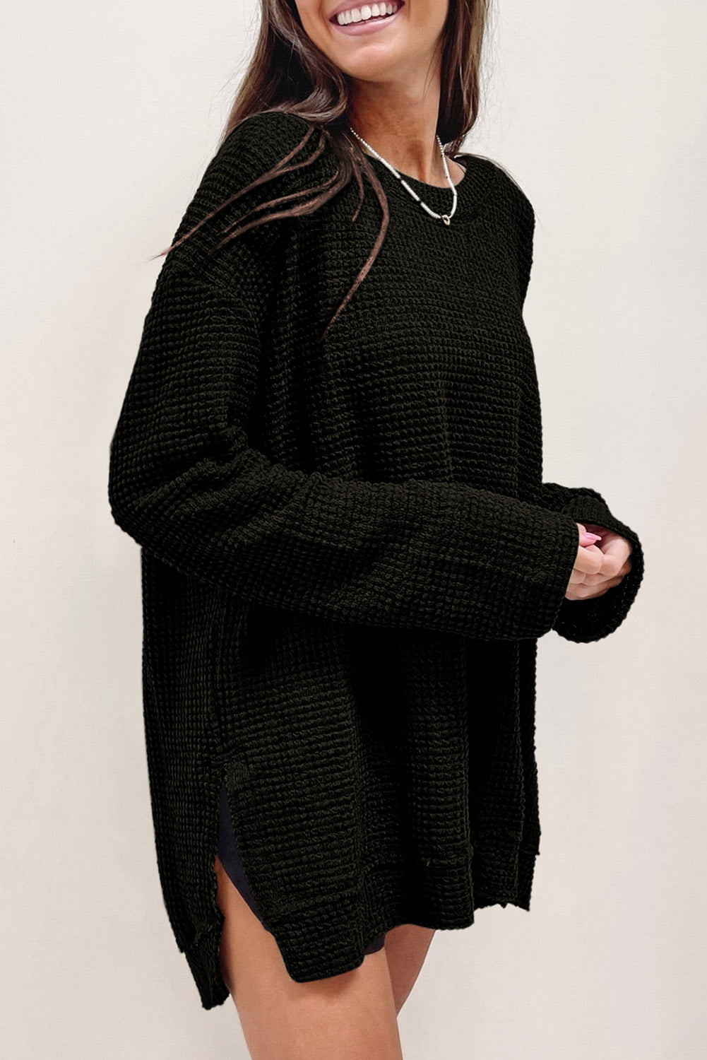 Black Waffle Knit High Slits Oversized Top