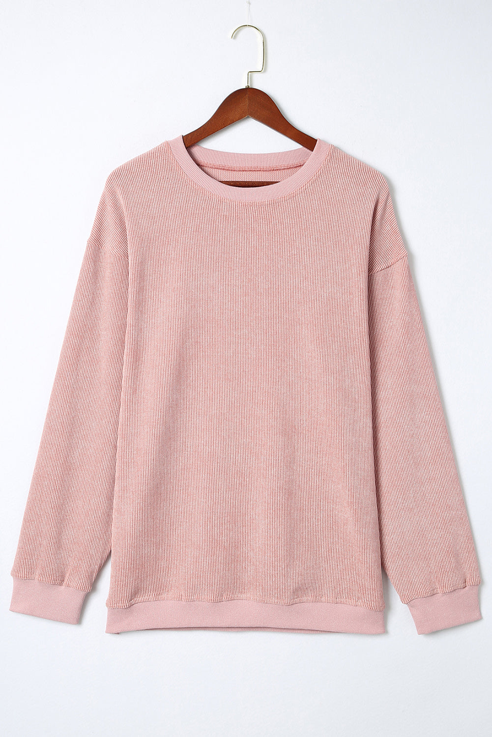 Solid Ribbed Knit Round Neck Pullover Sweatshirt